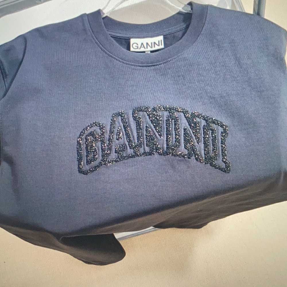 Ganni letter embroidery heavyweight pure cotton round neck loose shirt - Picture 2 of 6